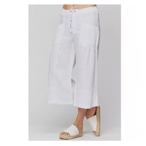 XCVI Pants - XCVI Amelia 100% Linen Wide Leg Cropped Pants Pull On Fringe Beachy White XL